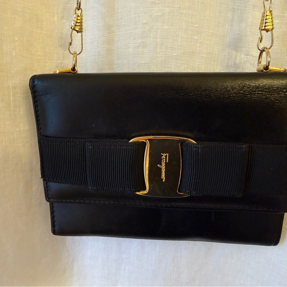 Salvatore Ferragamo Black Leather Vara Bow Clutch with Gold Hardware
